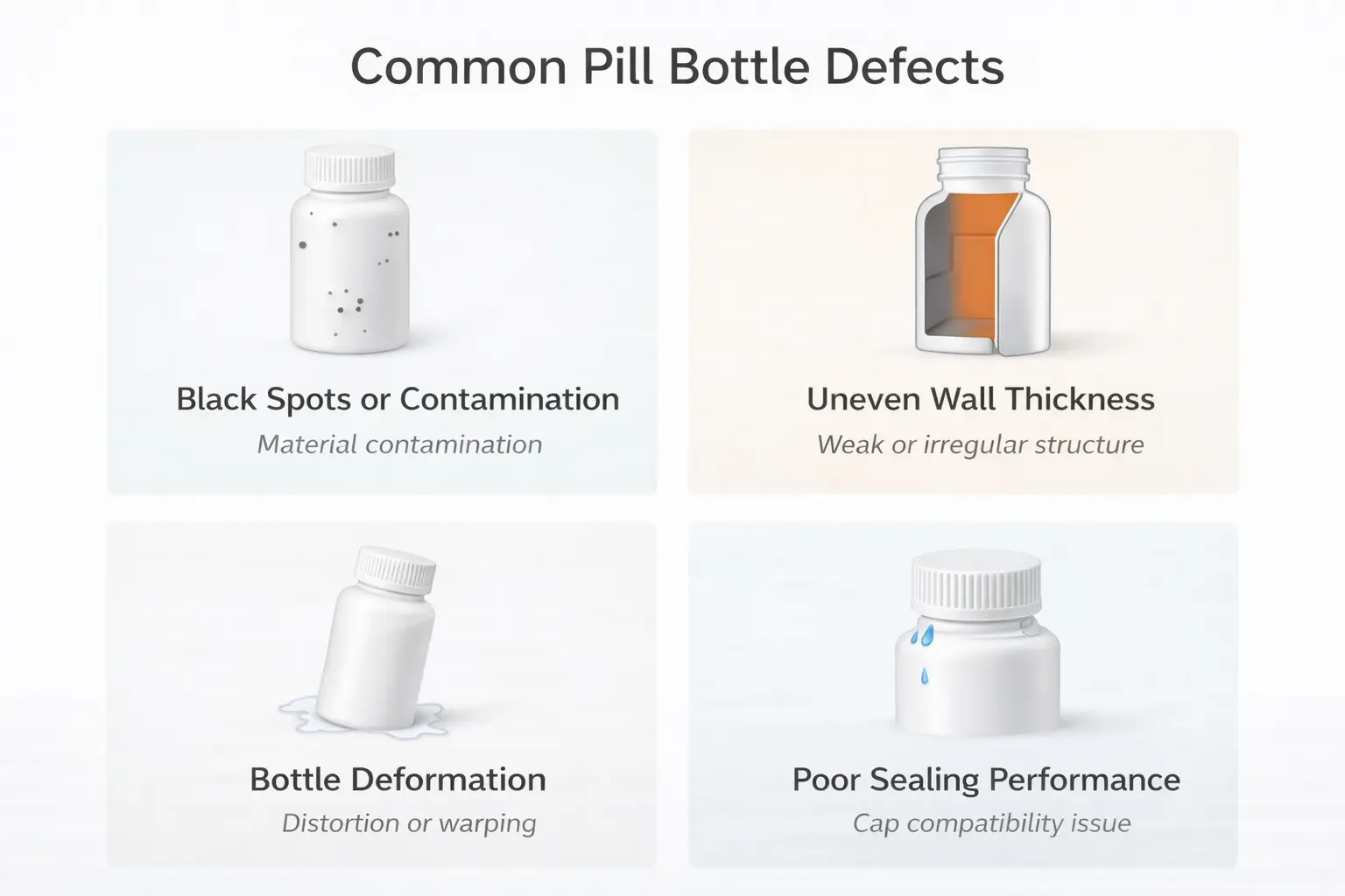 Common pill bottle defects in pharmaceutical packaging, including black spots contamination, uneven wall thickness, bottle deformation, and poor sealing performance