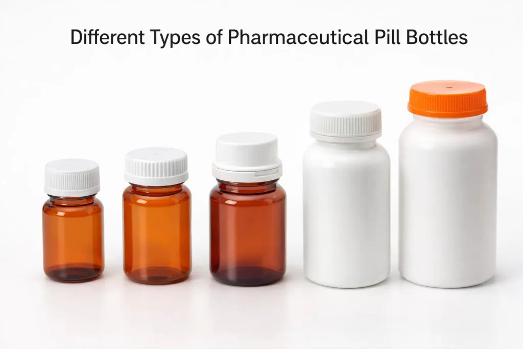 Different types of pharmaceutical pill bottles in various sizes and materials, including amber and white plastic bottles with child-resistant caps
