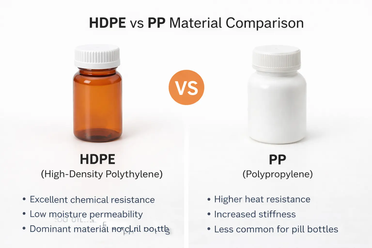 HDPE vs PP material comparison for pharmaceutical pill bottles, showing differences in chemical resistance, moisture barrier, and application suitability