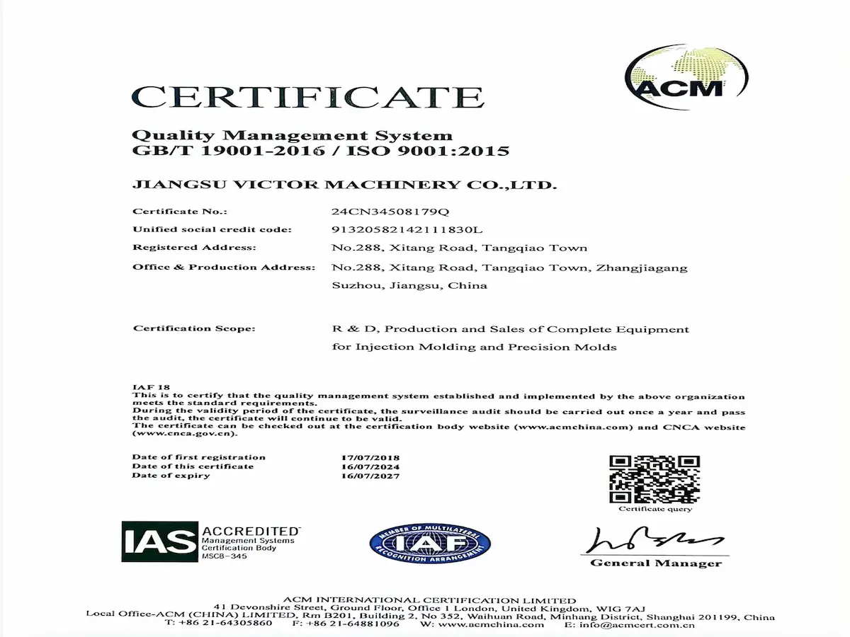 ISO 9001 certificate for Victor quality management system