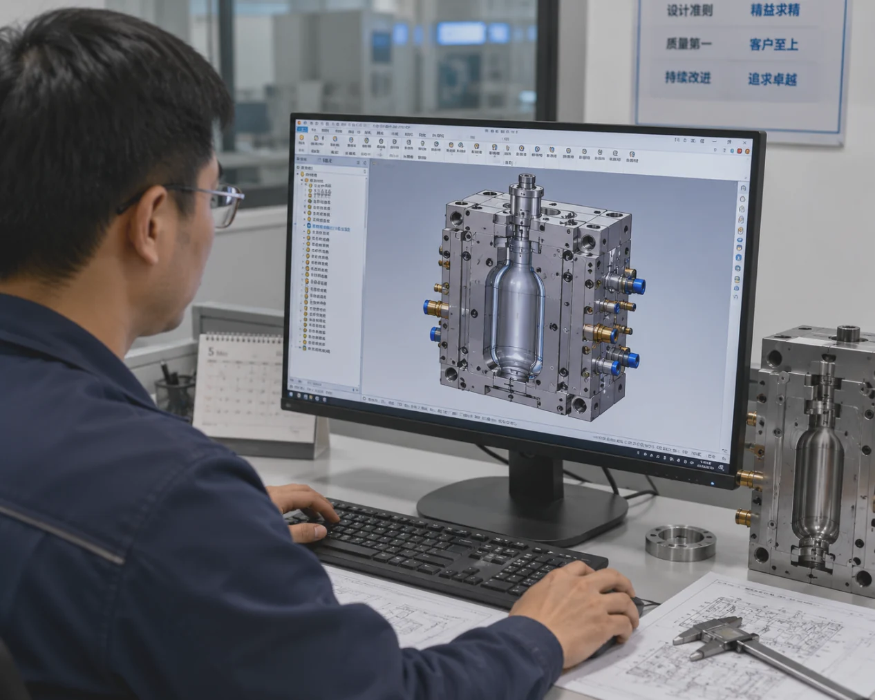 Engineer optimizing injection blow mold design with 3D CAD software