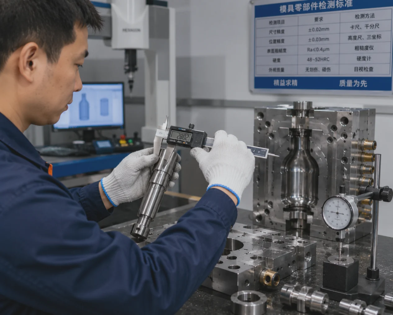 Technician inspecting and maintaining an injection blow mold
